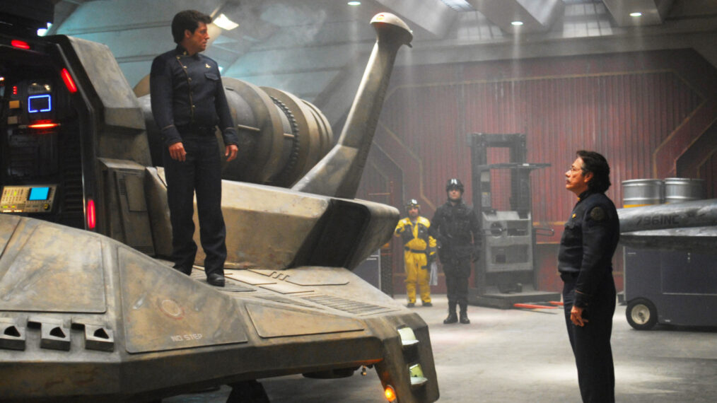 Jamie Bamber as Apollo and Edward James Olmos as Adama in 'Battlestar Galactica'