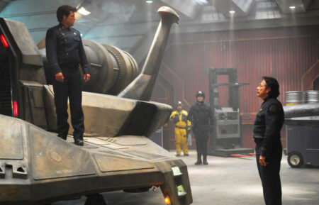Jamie Bamber as Apollo and Edward James Olmos as Adama in 'Battlestar Galactica'