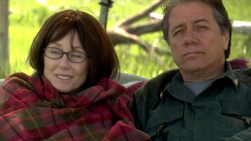 Mary McDonnell as Roslin and Edward James Olmos as Adama in 'Battlestar Galactica'