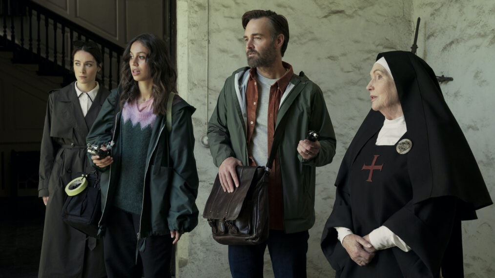 Siobhán Cullen as Dove, Robyn Cara as Emmy Sizergh, Will Forte as Gilbert Power, Fionnula Flanagan as Mother Bernadette in 'Bodkin' Season 1 Episode 2