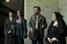 Siobhán Cullen as Dove, Robyn Cara as Emmy Sizergh, Will Forte as Gilbert Power, Fionnula Flanagan as Mother Bernadette in 'Bodkin' Season 1 Episode 2