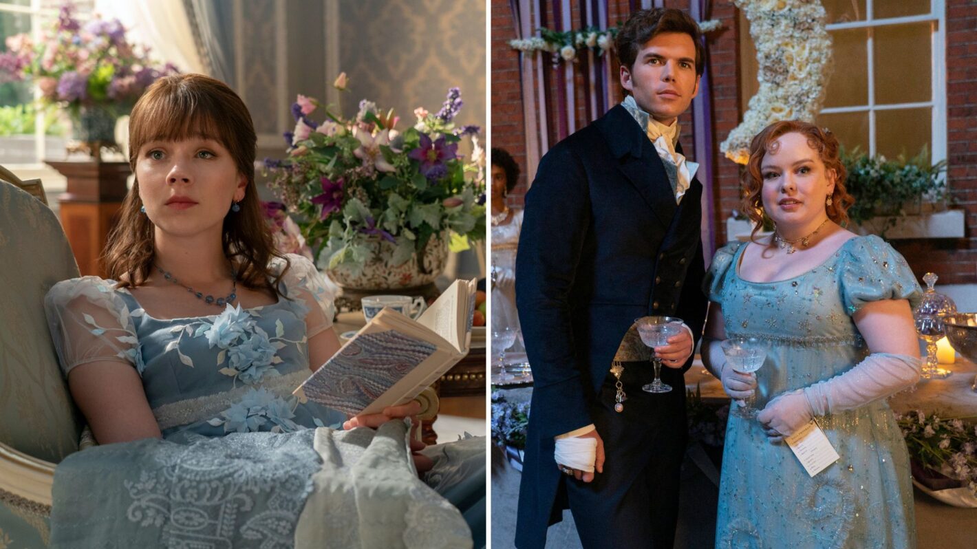 Claudia Jessie as Eloise Bridgerton; Luke Newton and Nicola Coughlan as Colin Bridgerton and Penelope Featherington