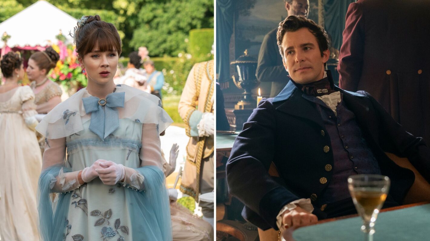 Claudia Jessie as Eloise and Luke Thompson as Benedict in 'Bridgerton'