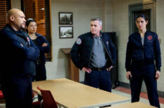 Joe Minoso as Joe Cruz, Hanako Greensmith as Violet Mikami, David Eigenberg as Christopher Herrmann, Miranda Rae Mayo as Stella Kidd in 'Chicago Fire' Season 12 Episode 11 - 'Inside Man'