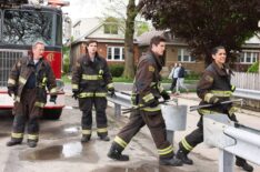 Christian Stolte as Randy 'Mouch' McHolland, Michael Bradway as Damon, Jake Lockett as Sam Carver, and Miranda Rae Mayo as Stella Kidd in the 'Chicago Fire' Season 12 Finale 'Never Say Goodbye'