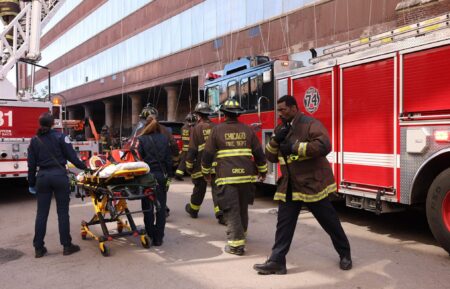 Hanako Greensmith as Violet Mikami, Jocelyn Hudon as Novak, and Eamonn Walker as Chief Wallace Boden in the 'Chicago Fire' Season 12 Finale 