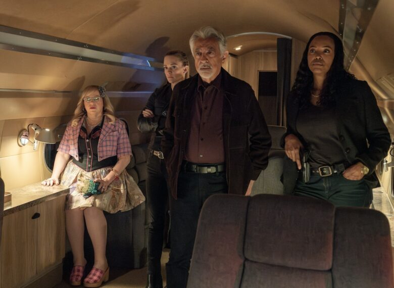 Kirsten Vangsness as Penelope Garcia, A.J. Cook as Jennifer ‘JJ’ Jareau, Joe Mantegna as David Rossi and Aisha Tyler as Dr. Tara Lewis in 'Criminal Minds: Evolution' Season 17 Episode 5 "Conspiracy vs. Theory"