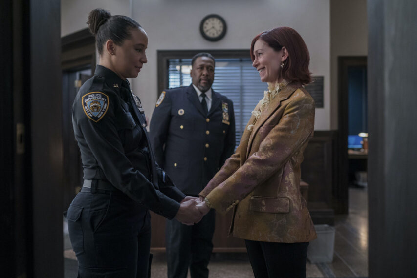 Carra Patterson as Kaya Blanke, Wendell Pierce as Captain Wagner, and Carrie Preston as Elsbeth Tascioni in the 'Elsbeth' Season 1 Finale "A Fitting Finale"