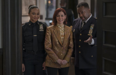 Carra Patterson as Kaya Blanke, Wendell Pierce as Captain Wagner, and Carrie Preston as Elsbeth Tascioni in the 'Elsbeth' Season 1 Finale 