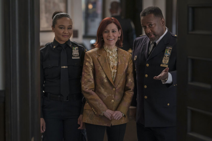 Carra Patterson as Kaya Blanke, Wendell Pierce as Captain Wagner, and Carrie Preston as Elsbeth Tascioni in the 'Elsbeth' Season 1 Finale "A Fitting Finale"
