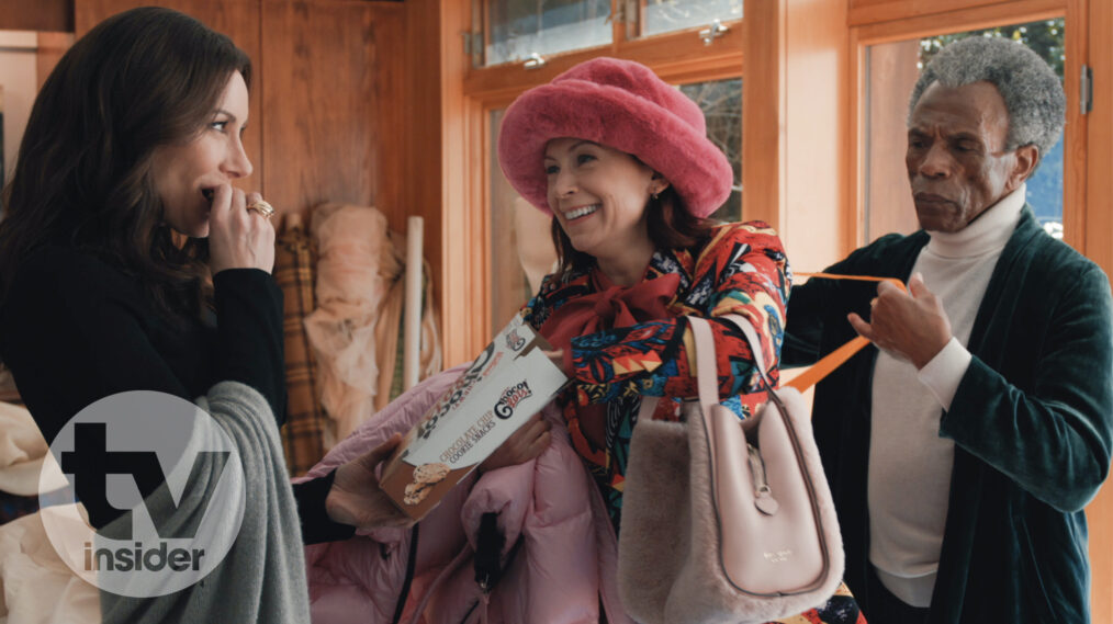 Laura Benanti as Nadine, Carrie Preston as Elsbeth Tascioni, and André De Shields as Matteo in the 'Elsbeth' Season 1 Finale 