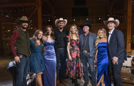 Farmer Brandon, Dater Grace, Dater Sydney, Farmer Mitchell, host Jennifer Nettles, Farmer Ty, Dater Taylor, and Farmer Nathan in the reunion episode of 'Farmer Wants a Wife'