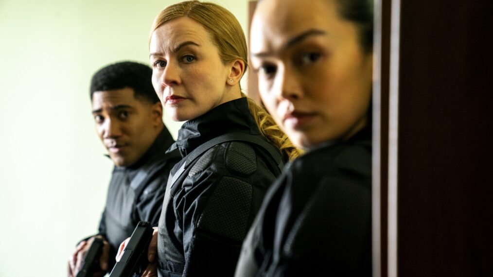 Carter Redwood as Special Agent Andre Raines, Eva-Jane Willis as Europol Agent Megan “Smitty” Garretson, and Vinessa Vidotto as Special Agent Cameron Vo in 'FBI: International' Season 3 Episode 12 