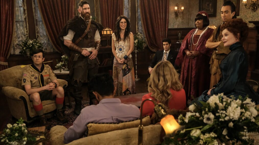 Richie Moriarty, Devan Chandler Lon, Sheila Carrasco, Asher Grodman, Danielle Pinnock, Roman Zaragoza, and Rebecca Wisocky in the 'Ghosts' Season 3 finale