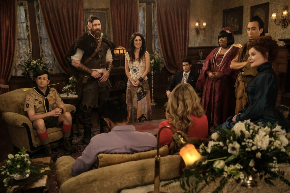 Richie Moriarty, Devan Chandler Lon, Sheila Carrasco, Asher Grodman, Danielle Pinnock, Roman Zaragoza, and Rebecca Wisocky in the 'Ghosts' Season 3 finale