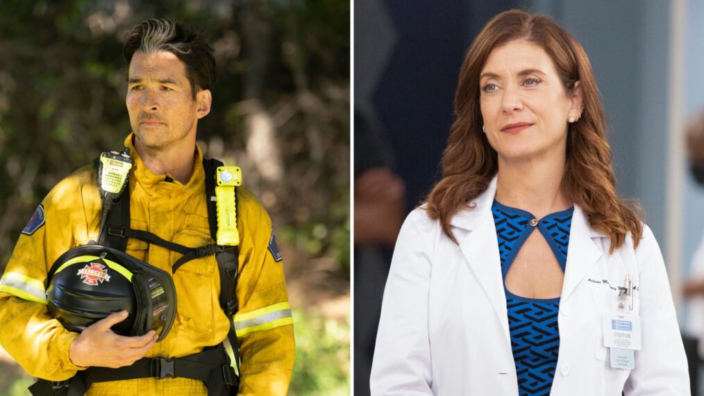 Jay Hayden as Travis on 'Station 19'; Kate Walsh as Addison on 'Grey's Anatomy'