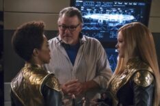 Sonequa Martin-Green as First Officer Michael Burnham; director, Jonathan Frakes; Mary Wiseman as Cadet Sylvia Tilly in 'Star Trek: Discovery' Season 1