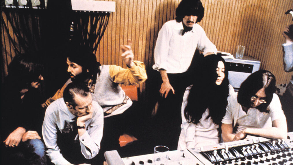 Ringo Starr, George Martin, Paul McCartney, George Harrison, Yoko Ono, John Lennon in 'Let It Be' documentary (1970)