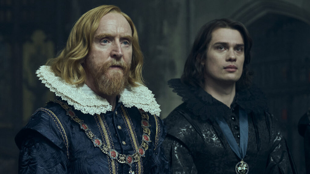 Tony Curran as King James I and Nicholas Galitzine as George Villiers in 'Mary & George' Episode 6 - 'The Golden City'
