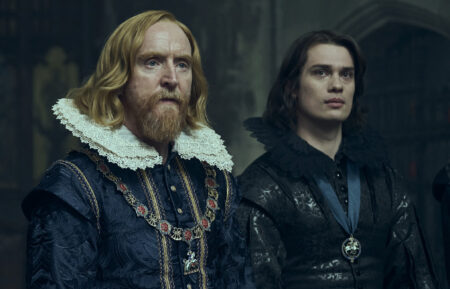 Tony Curran as King James I and Nicholas Galitzine as George Villiers in 'Mary & George' Episode 6 - 'The Golden City'