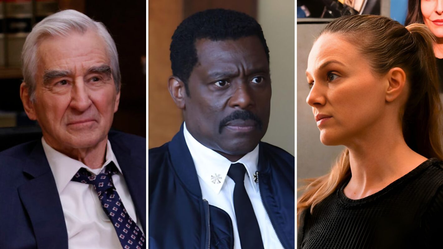 Sam Waterston as Jack McCoy in 'Law & Order,' Eamonn Walker as Wallace Boden in 'Chicago Fire,' and Tracy Spiridakos as Hailey Upton on 'Chicago P.D.'