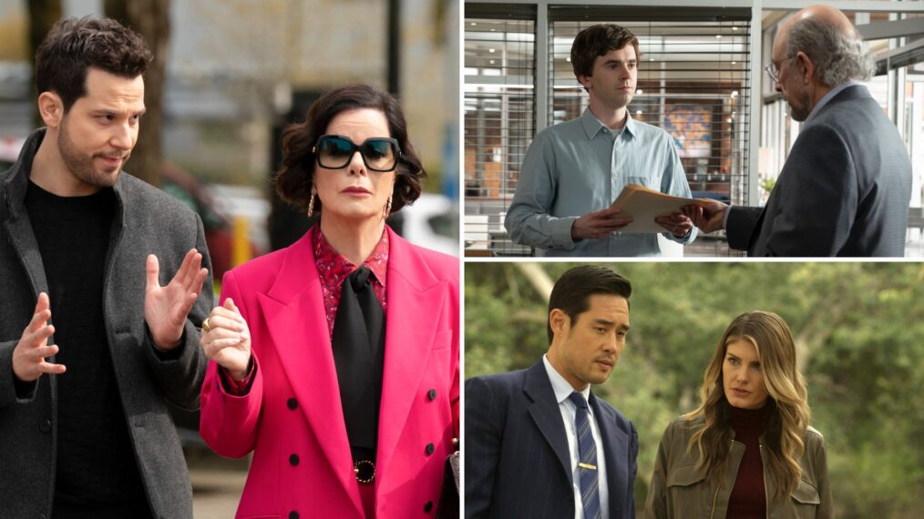 Skylar Astin as Todd and Marcia Gay Harden as Margaret in 'So Help Me Todd,' Freddie Highmore as Shaun and Richard Schiff as Glassman in 'The Good Doctor,' and Raymond Lee as Ben and Caitlin Bassett as Addison in 'Quantum Leap'