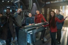 David Ajala as Book, director Jonathan Frakes, Blu del Barrio as Adira, Callum Keith Rennie as Rayner, Sonequa Martin-Green as Burnham, and Anthony Rapp as Stamets in 'Star Trek: Discovery' Season 5 Episode 9 'Lagrange Point'