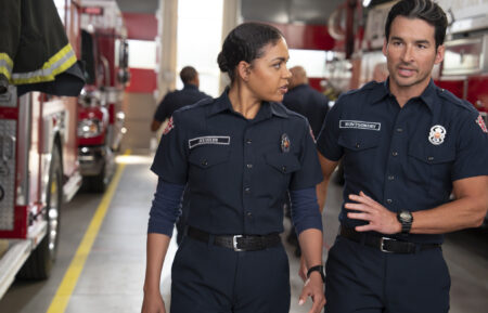 Barrett Doss as Vic and Jay Hayden as Travis in 'Station 19' Season 7 Episode 9 