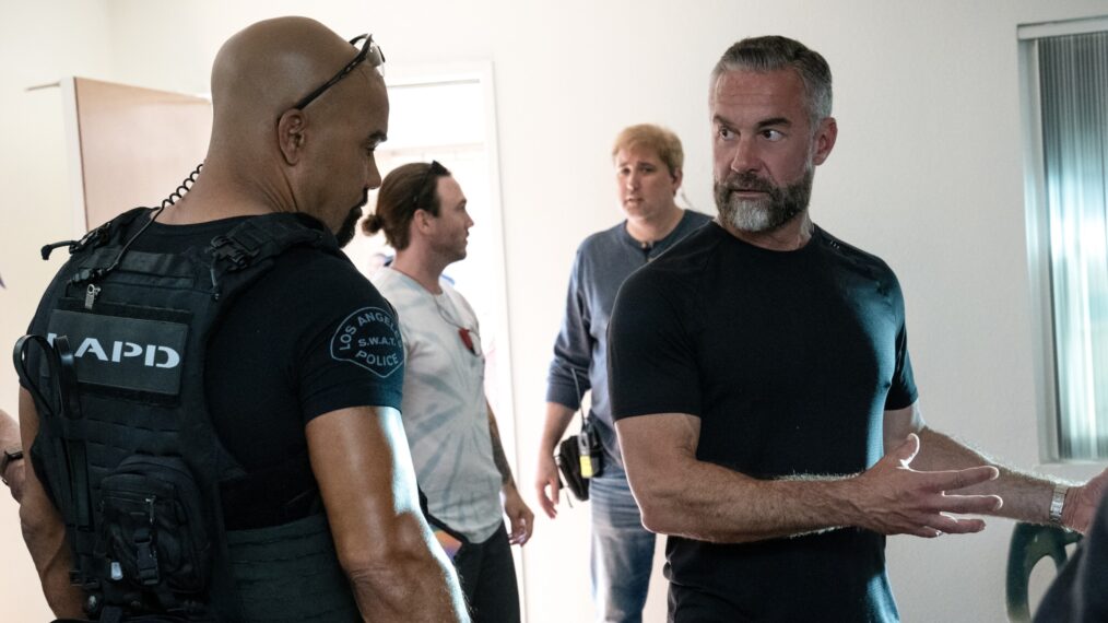 Shemar Moore as Daniel 'Hondo' Harrelson and Director Jay Harrington behind the scenes of 'S.W.A.T.' Season 7 Episode 12 'Allegiance'