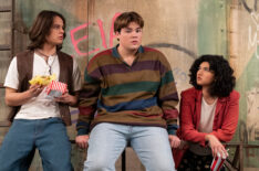 Maxwell Acee Donovan as Nate, Mace Coronel as Jay Kelso, and Ashley Aufderheide as Gwen in 'That '90s Show'