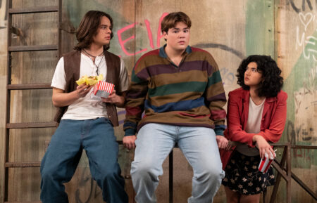 Maxwell Acee Donovan as Nate, Mace Coronel as Jay Kelso, and Ashley Aufderheide as Gwen in 'That '90s Show'