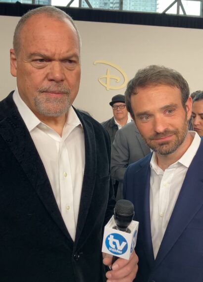 'Daredevil: Born Again' stars Vincent D'Onforio and Charlie Cox on the 2024 Disney Upfront carpet with TV Insider