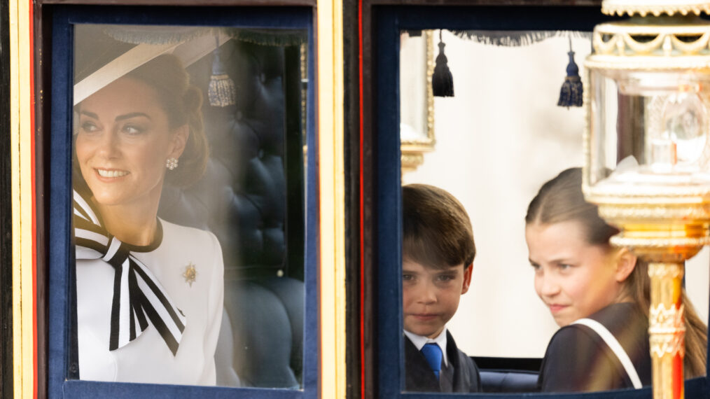 Catherine, Princess of Wales, Prince Louis of Wales and Princess Charlotte of Wales during Trooping the Colour on June 15, 2024 in London, England. Trooping the Colour is a ceremonial parade celebrating the official birthday of the British Monarch. The event features over 1,400 soldiers and officers, accompanied by 200 horses. More than 400 musicians from ten different bands and Corps of Drums march and perform in perfect harmony.