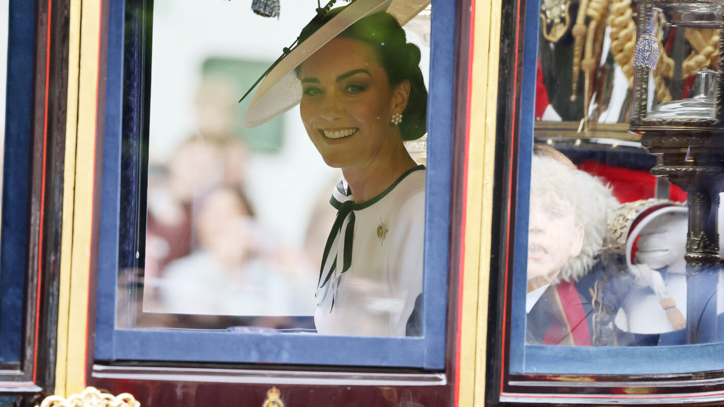 LONDON, ENGLAND - JUNE 15: Catherine, Princess of Wales and Prince Louis of Wales during Trooping the Colour on June 15, 2024 in London, England. Trooping the Colour is a ceremonial parade celebrating the official birthday of the British Monarch. The event features over 1,400 soldiers and officers, accompanied by 200 horses. More than 400 musicians from ten different bands and Corps of Drums march and perform in perfect harmony. (Photo by Neil Mockford/GC Images)