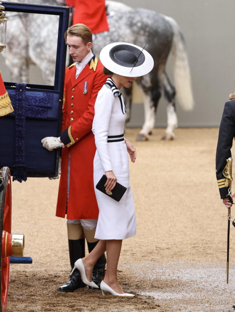 LONDON, ENGLAND - JUNE 15: Catherine, Princess of Wales during Trooping the Colour on June 15, 2024 in London, England. Trooping the Colour is a ceremonial parade celebrating the official birthday of the British Monarch. The event features over 1,400 soldiers and officers, accompanied by 200 horses. More than 400 musicians from ten different bands and Corps of Drums march and perform in perfect harmony. (Photo by Mike Marsland/WireImage)