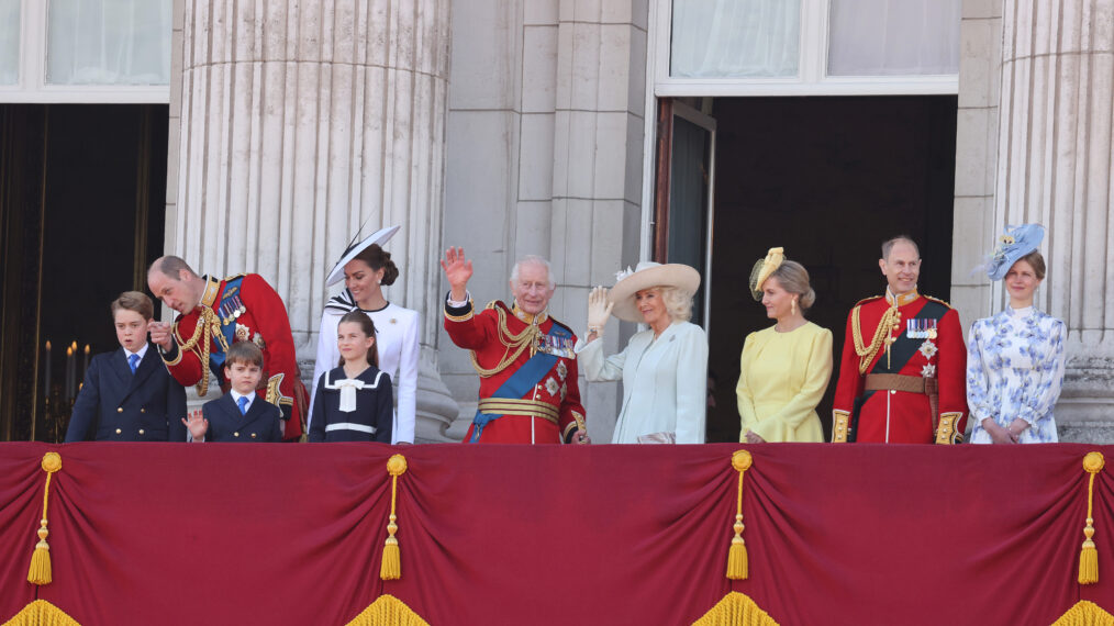 LONDON, ENGLAND - JUNE 15: Prince George of Wales, Prince William, Prince of Wales, Prince Louis of Wales, Princess Charlotte of Wales, Catherine, Princess of Wales, King Charles III, Queen Camilla, Sophie, Duchess of Edinburgh and Prince Edward, Duke of Edinburgh on the balcony of Buckingham Palace during Trooping the Colour on June 15, 2024 in London, England. Trooping the Colour is a ceremonial parade celebrating the official birthday of the British Monarch. The event features over 1,400 soldiers and officers, accompanied by 200 horses. More than 400 musicians from ten different bands and Corps of Drums march and perform in perfect harmony. (Photo by Neil Mockford/GC Images)