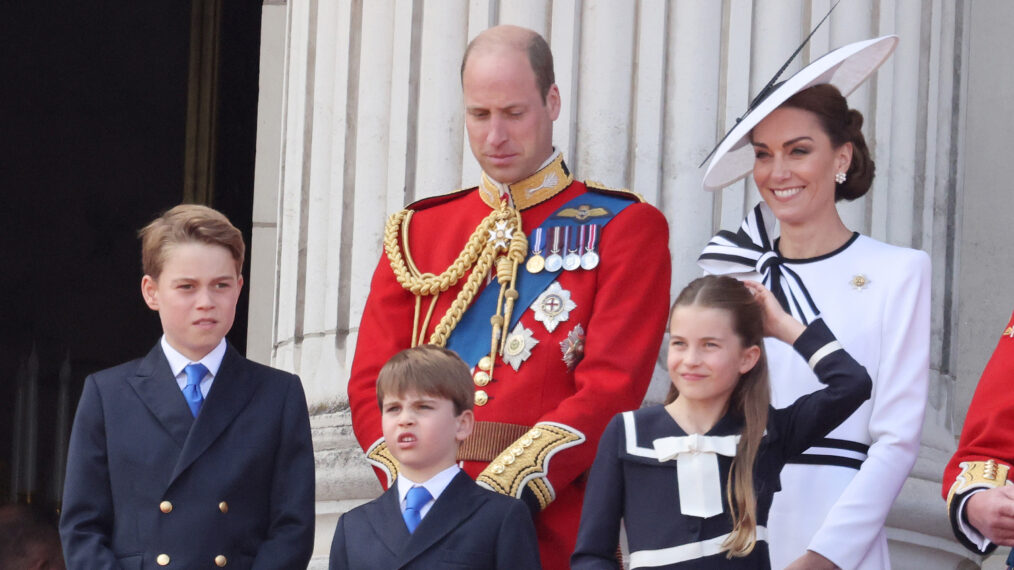 LONDON, ENGLAND - JUNE 15: Prince George of Wales, Prince William, Prince of Wales, Prince Louis of Wales, Princess Charlotte of Wales and Catherine, Princess of Wales on the balcony of Buckingham Palace during Trooping the Colour on June 15, 2024 in London, England. Trooping the Colour is a ceremonial parade celebrating the official birthday of the British Monarch. The event features over 1,400 soldiers and officers, accompanied by 200 horses. More than 400 musicians from ten different bands and Corps of Drums march and perform in perfect harmony. (Photo by Neil Mockford/GC Images)