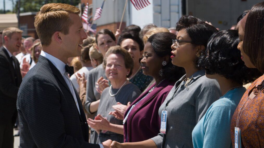 Glen Powell as astronaut John Glenn making a point to greet Octavia Spencer as Dorothy Vaughan and Taraji P. Henson as black mathematician Katherine G. Johnson during a NASA meeting in 1961 in 'Hidden Figures'