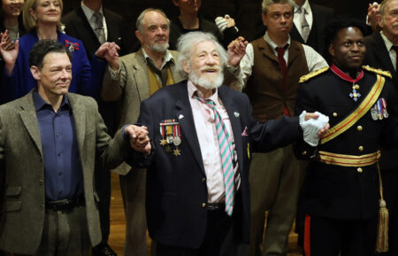 Richard Coyle, Sir Ian McKellen and Toheeb Jimoh bow at the curtain call during the press night performance of 