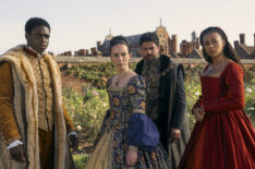 Jordan Peters as King Edward, Kate O'Flynn as Princess Mary, Dominic Cooper as Lord Seymour, and Abbie Hern as Bess in 'My Lady Jane.'