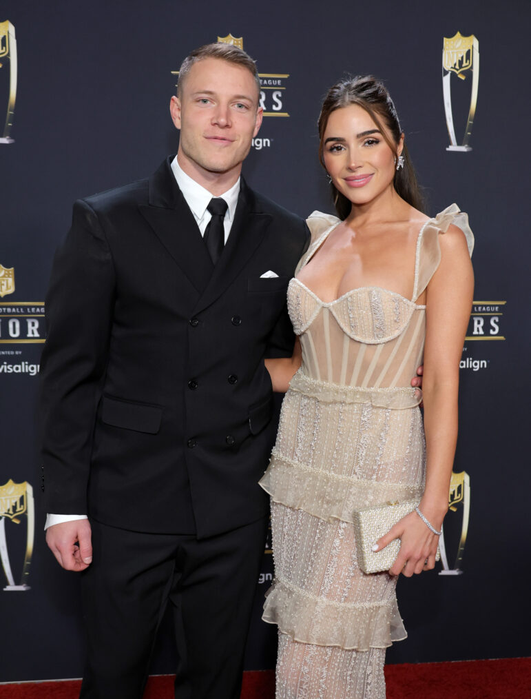 Christian McCaffrey and Olivia Culpo attend the 12th annual NFL Honors at Symphony Hall on February 09, 2023 in Phoenix, Arizona.