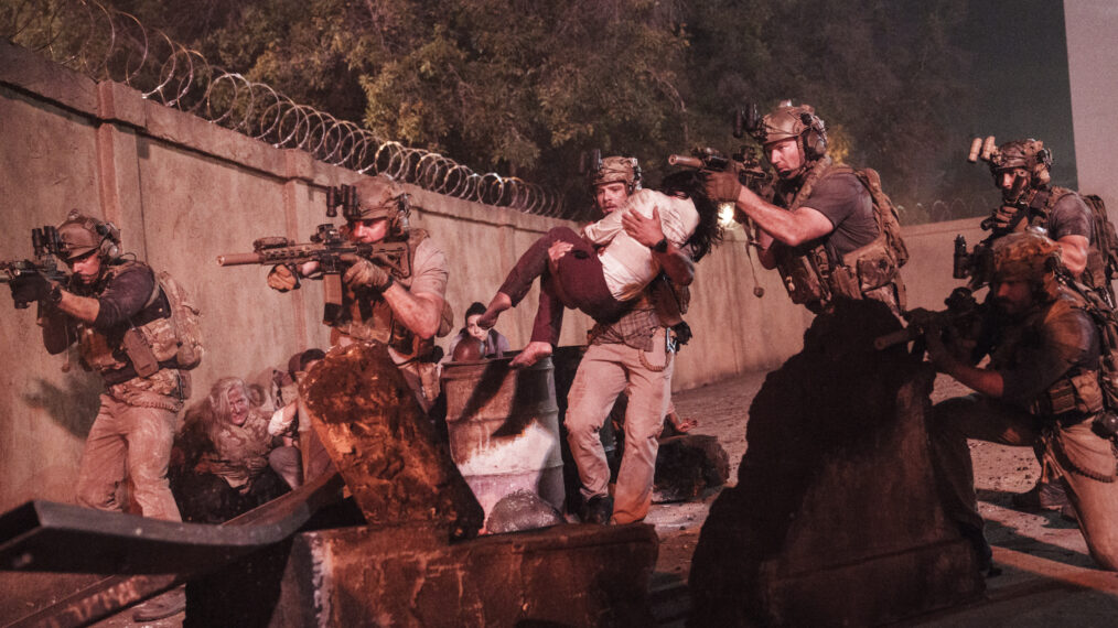 Lucca De Oliveira as Vic Lopez, Tyler Grey as Trent Sawyer, Max Thieriot as Clay Spenser, Khandi Alexander as Ambassador Nicole Marsden, Scott Foxx as Full Metal, Justin Melnick as Brock Reynolds and Neil Brown Jr. as Ray Perry in 'SEAL Team' Season 3 Episode 6 