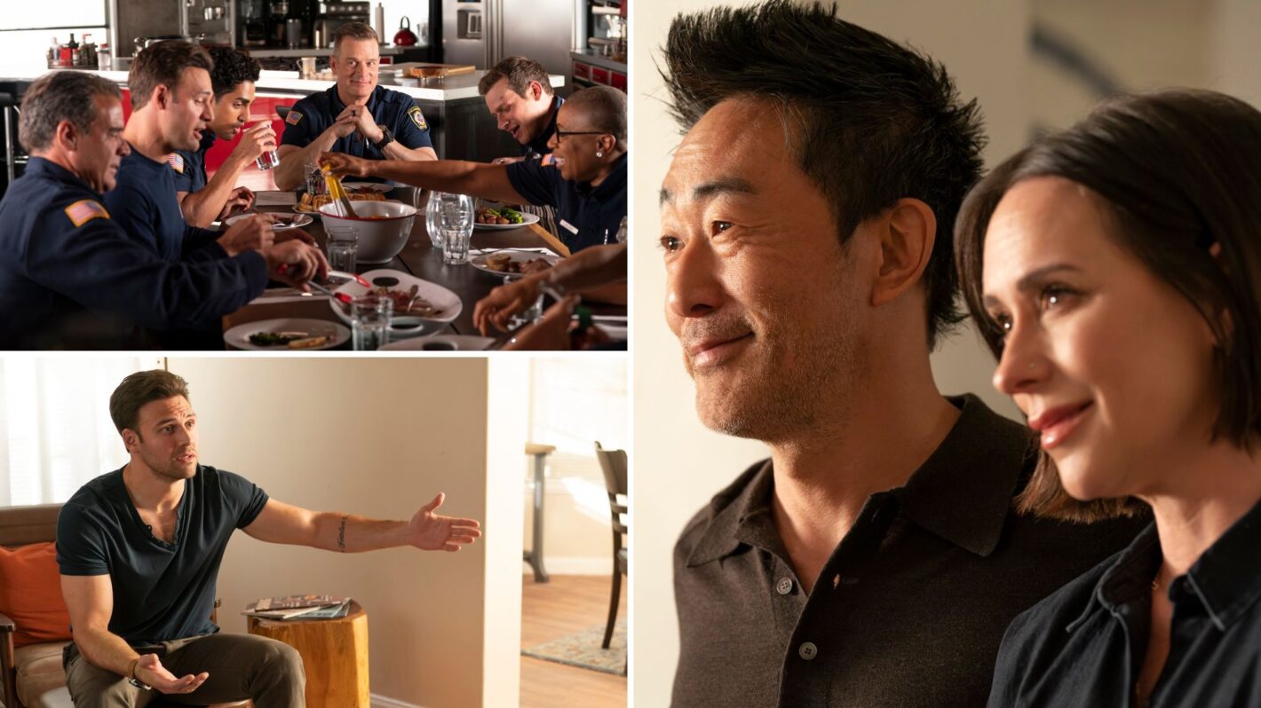 Ryan Guzman as Eddie, Anirudh Pisharody as Ravi, Peter Krause as Bobby, Oliver Stark as Buck, and Aisha Hinds as Hen in '9-1-1' Season 7 Episode 9 'Ashes, Ashes'; Ryan Guzman as Eddie and Oliver Stark as Buck in '9-1-1' Season 7 Finale 'All Fall Down'; Kenneth Choi as Chimney and Jennifer Love Hewitt as Maddie in '9-1-1' Season 7 Finale 'All Fall Down'