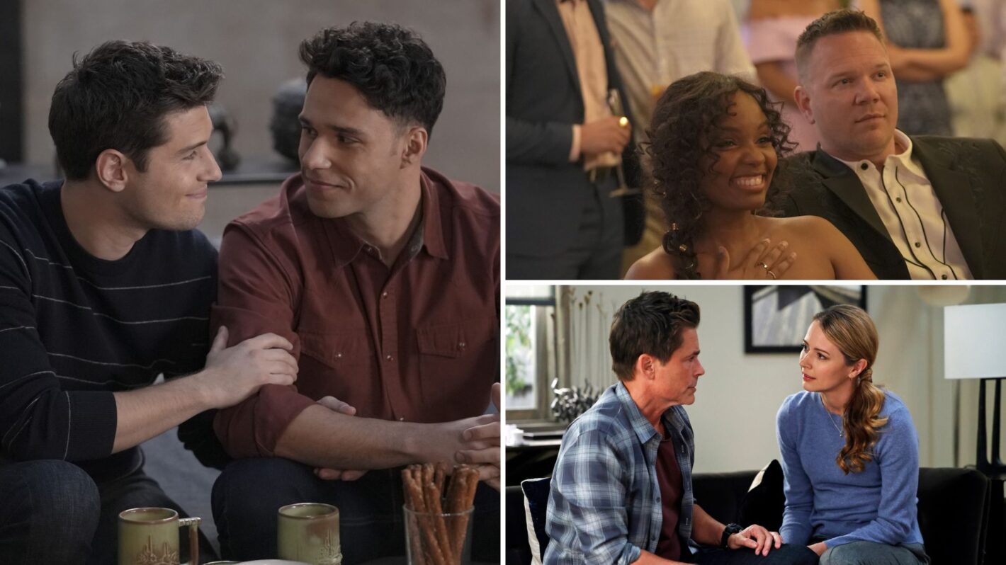 Ronen Rubinstein as T.K. and Rafael Silva as Carlos, Sierra McClain as Grace and Jim Parrack in Judd, and Rob Lowe as Owen and Amy Acker as Catherine in '9-1-1: Lone Star'