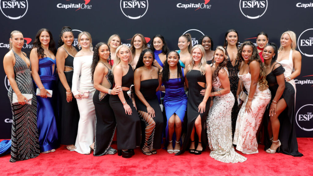 LSU gymnasts Alyona Shchennikova, Kylie Coen, Tori Tatum, Annie Beard, Konnor McClain, Sierra Ballard, Leah Miller, Savannah Schoenherr, Cameron Hall, Elena Arenas, Bryce Wilson, Ashley Cowan, Jillian Hoffman, Kiya Johnson, KJ Johnson, Alexis Jeffrey, Kai Rivers, Aleah Finnegan, Amari Drayton and Chase Brock attends the 2024 ESPY Awards at Dolby Theatre on July 11, 2024 in Hollywood, California.