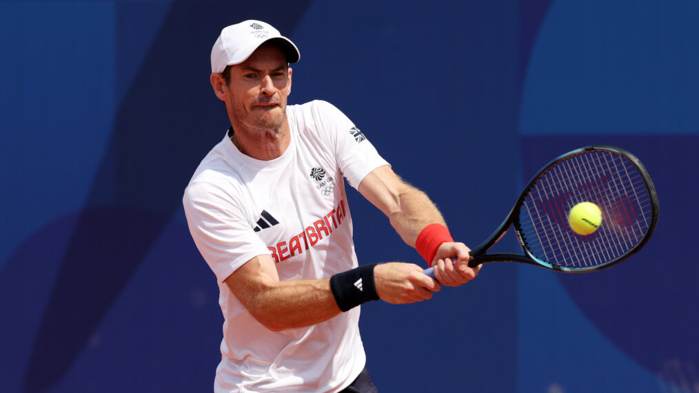 Andy Murray of Team Great Britain plays a backhand during the Tennis training session ahead of the Paris 2024 Olympic Games at Roland Garros on July 24, 2024 in Paris, France.