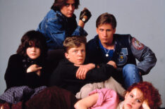 Judd Nelson, Emilio Estevez, (center) Anthony Michael Hall, (lying down) Molly Ringwald, (left) Ally Sheedy in 'The Breakfast Club'