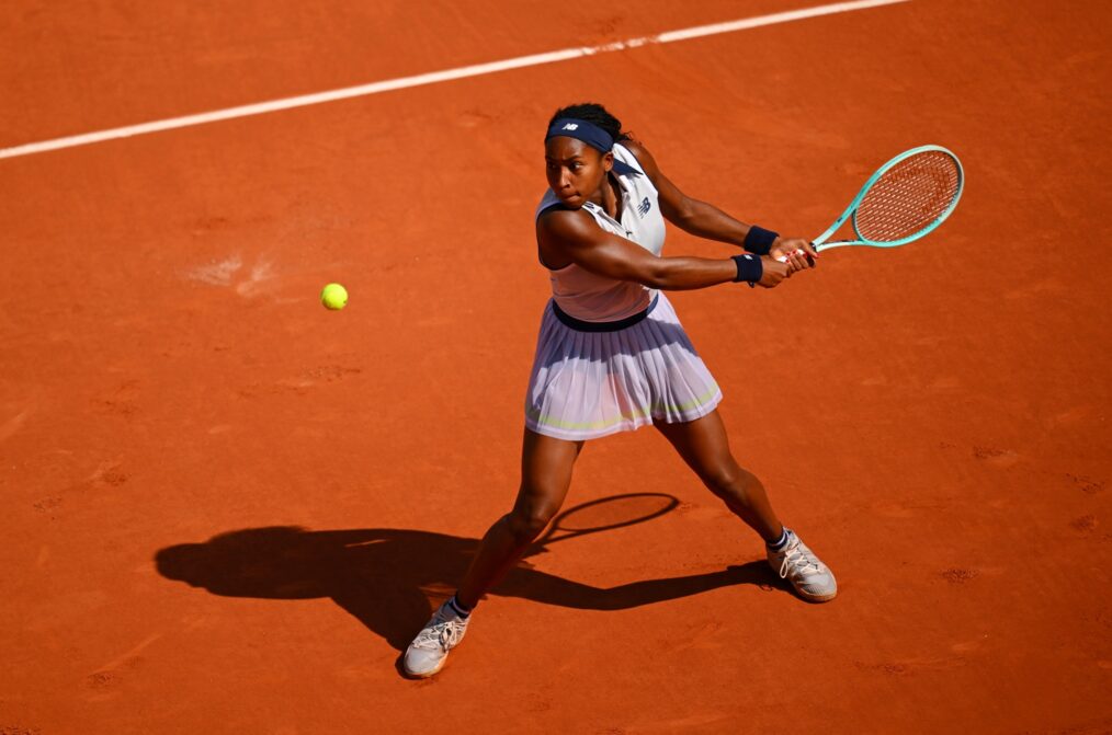 Coco Gauff of United States plays a backhand against Iga Swiatek of Poland during the Women's Singles Semi-Final match