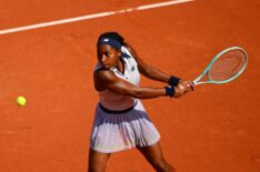Coco Gauff of United States plays a backhand against Iga Swiatek of Poland during the Women's Singles Semi-Final match