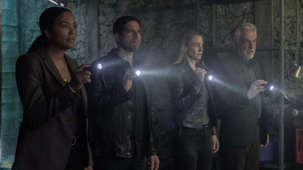 Aisha Tyler as Tara Lewis, Adam Rodriguez as Luke Alvez, A.J. Cook as Jennifer “JJ” Jareau, and Joe Mantegna as David Rossi in 'Criminal Minds: Evolution' Season 17 Episode 9 'Stars & Stripes'